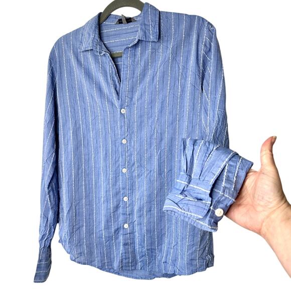 American Colors Denim Blue White Fuzzy Stitch Stripe Button Shirt M - Picture 1 of 12